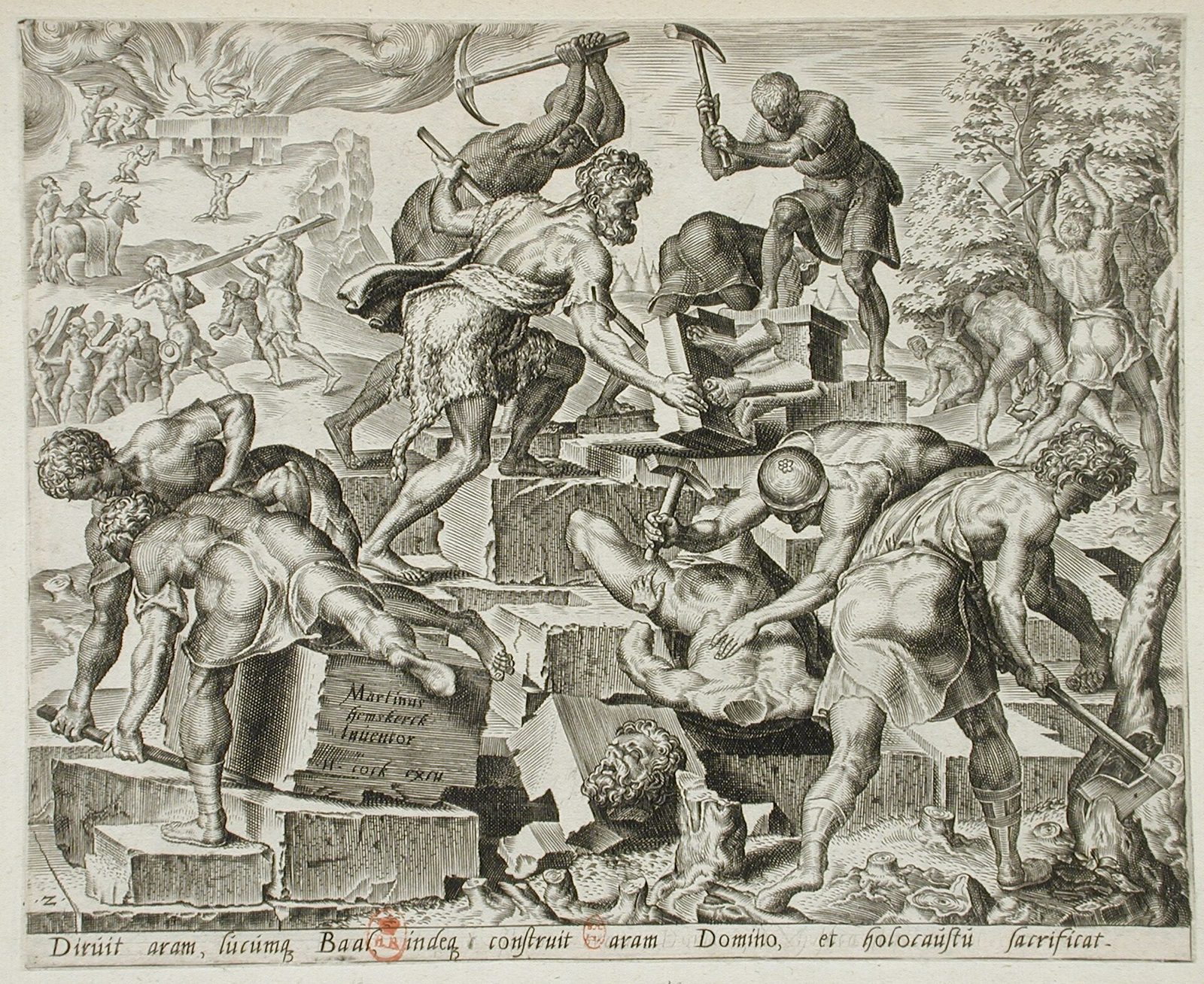 Gedeón y sus hombres derriban el altar de Baal y la imagen de Asera. Grabado según Maarten van Heemskerck (s. XVI), LACMA.