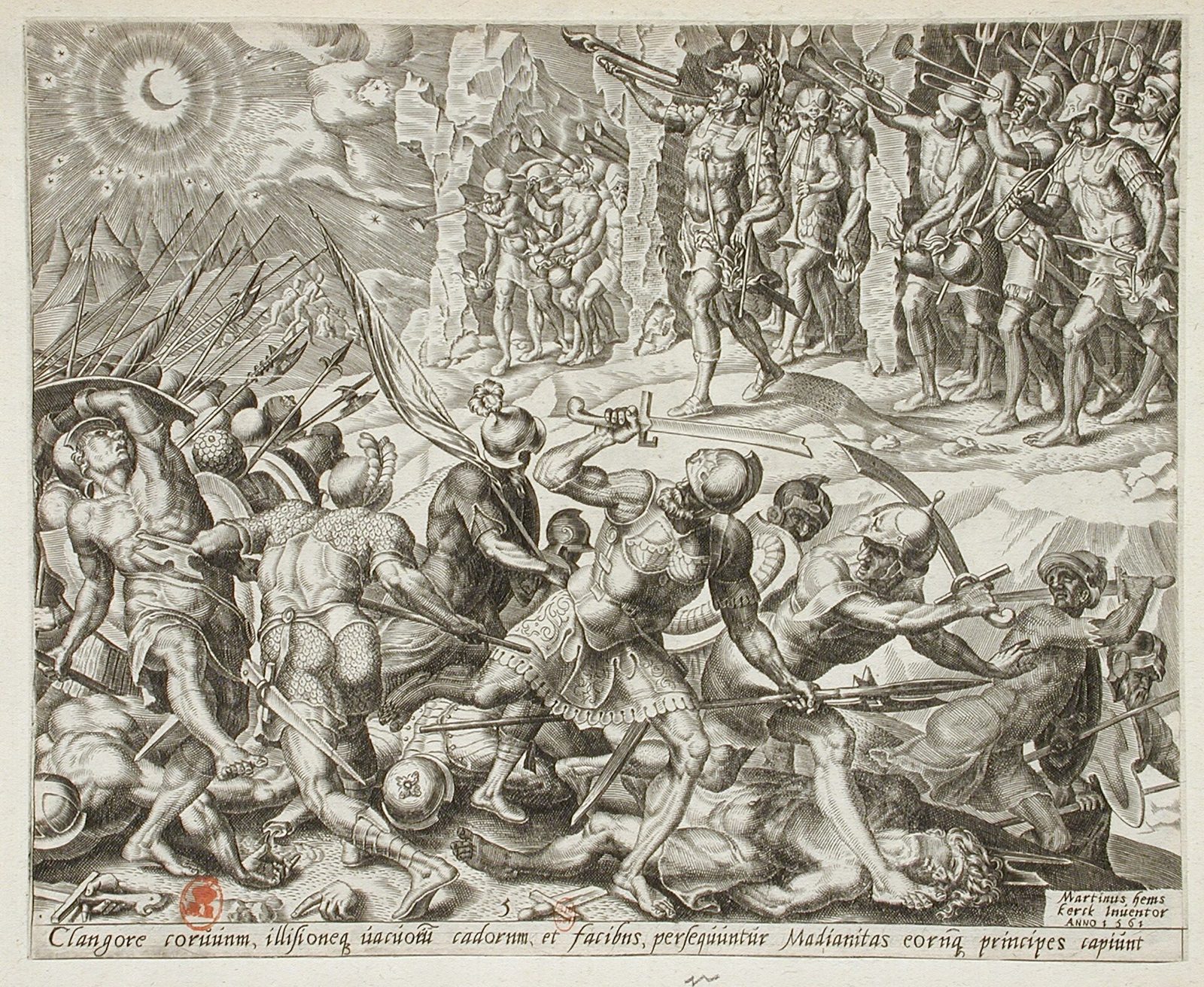 La derrota de Madián con trompetas, cántaros y antorchas. Grabado según Maarten van Heemskerck (s. XVI), LACMA.