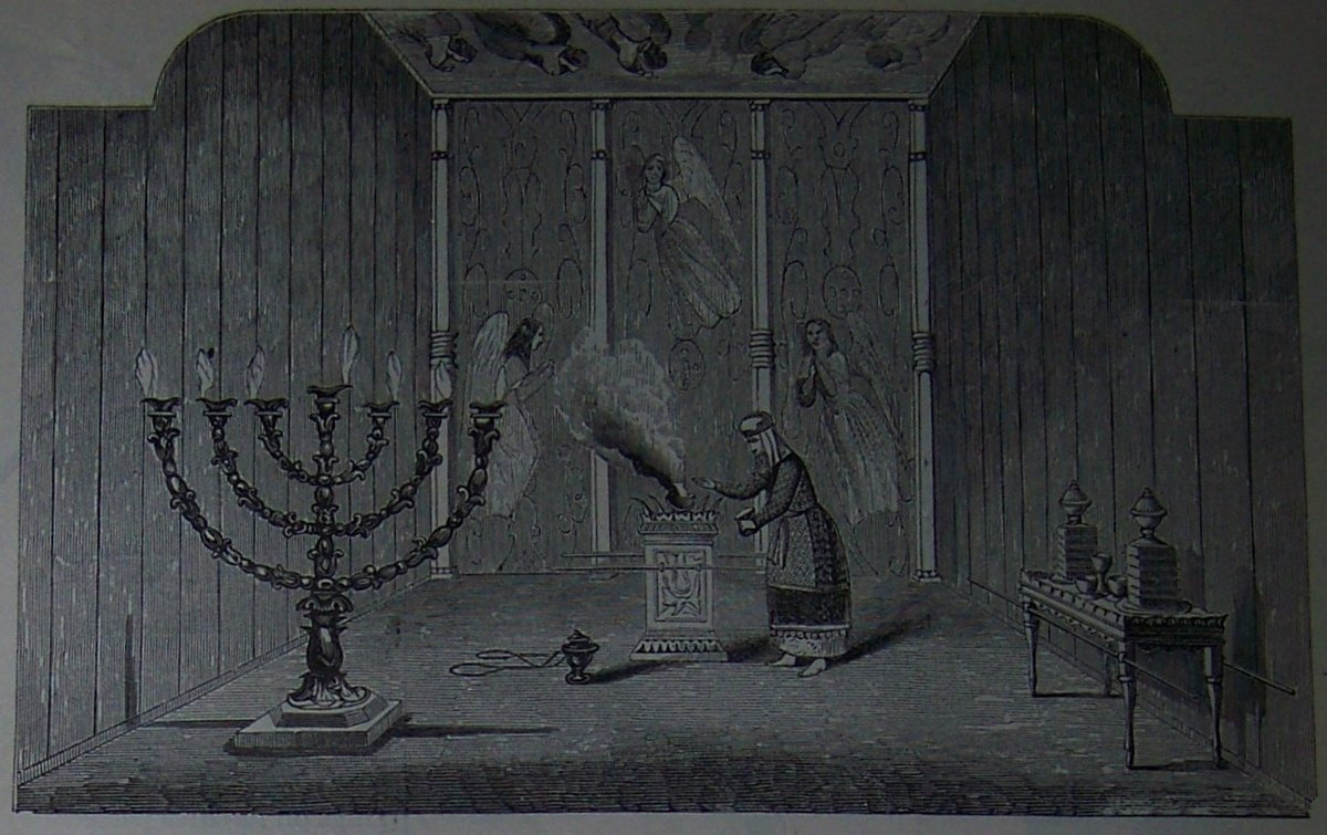 Grabado del interior del lugar santo, con el candelabro, el altar del incienso y el velo al fondo