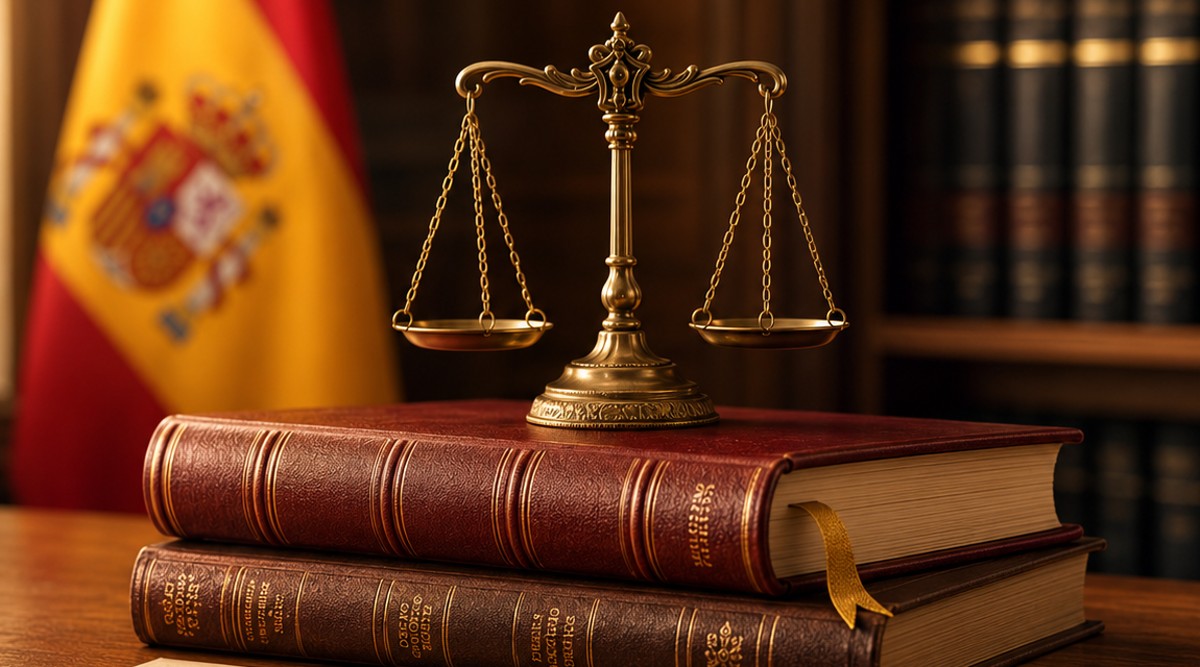Balanza de la justicia y libros de leyes ante la bandera de España