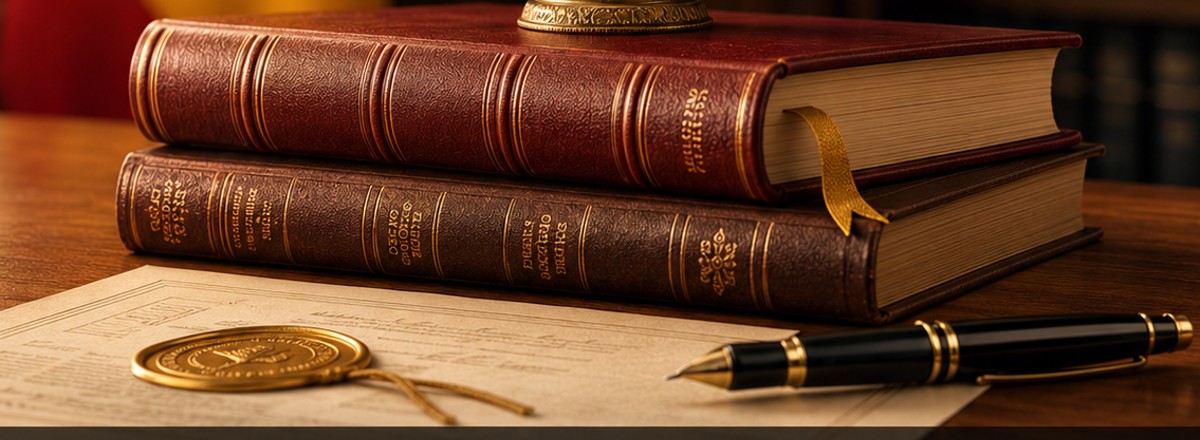 Libros jurídicos, documento con sello y pluma