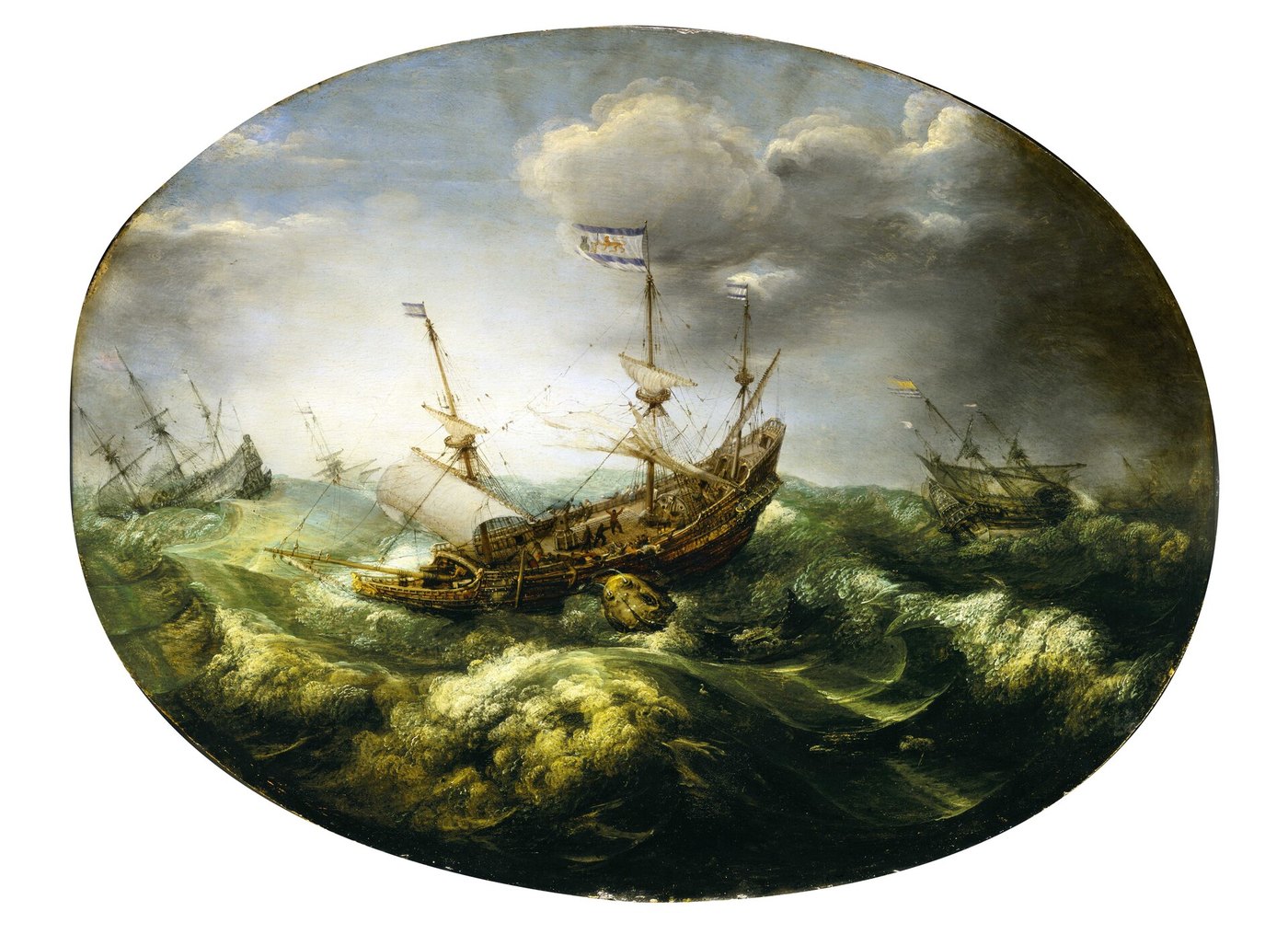 Nave antigua en una tempestad, pintura de Adam Willaerts