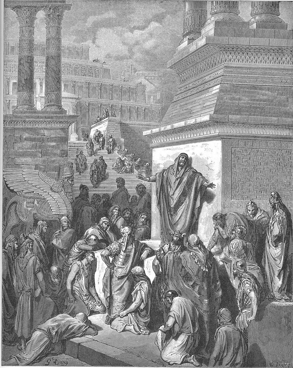 Jonás predica en Nínive, grabado de Gustave Doré