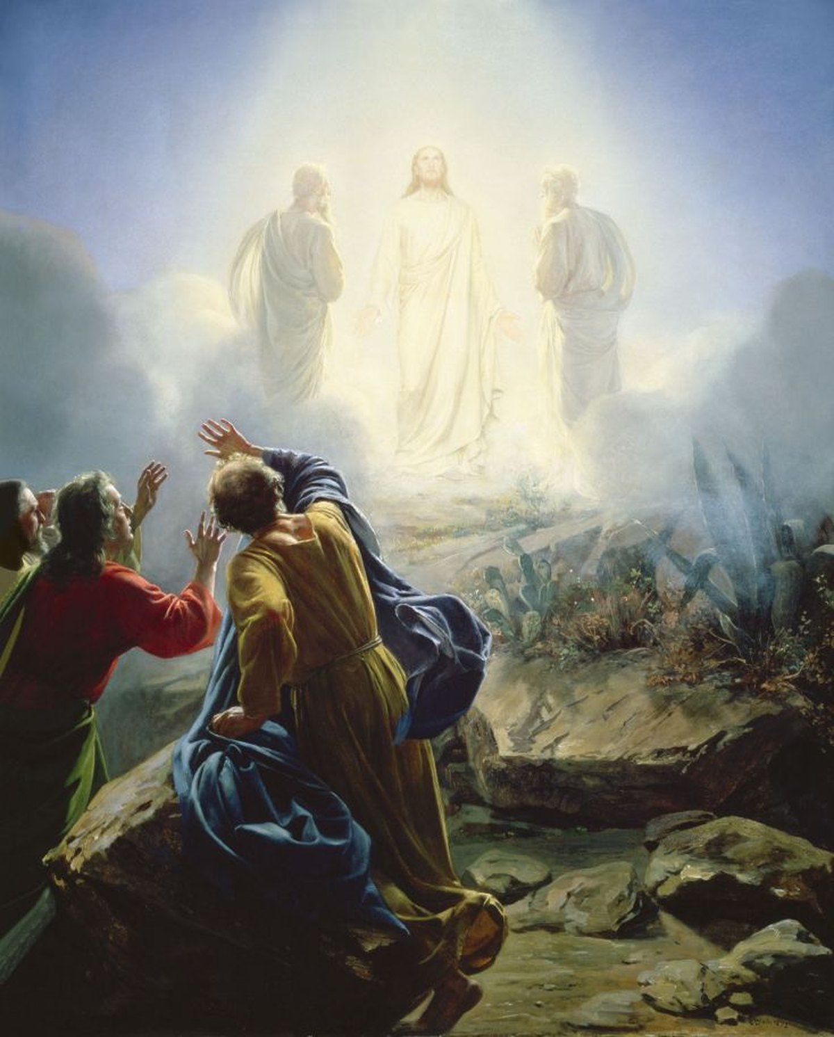 Pintura de la transfiguración de Jesús con los discípulos mirando desde abajo