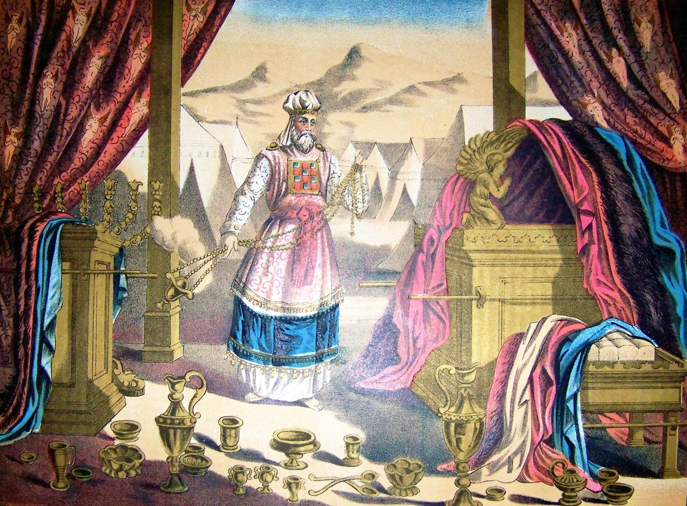 El sumo sacerdote ante el arca y el mobiliario del tabernáculo, ilustración de la Biblia Holman de 1890