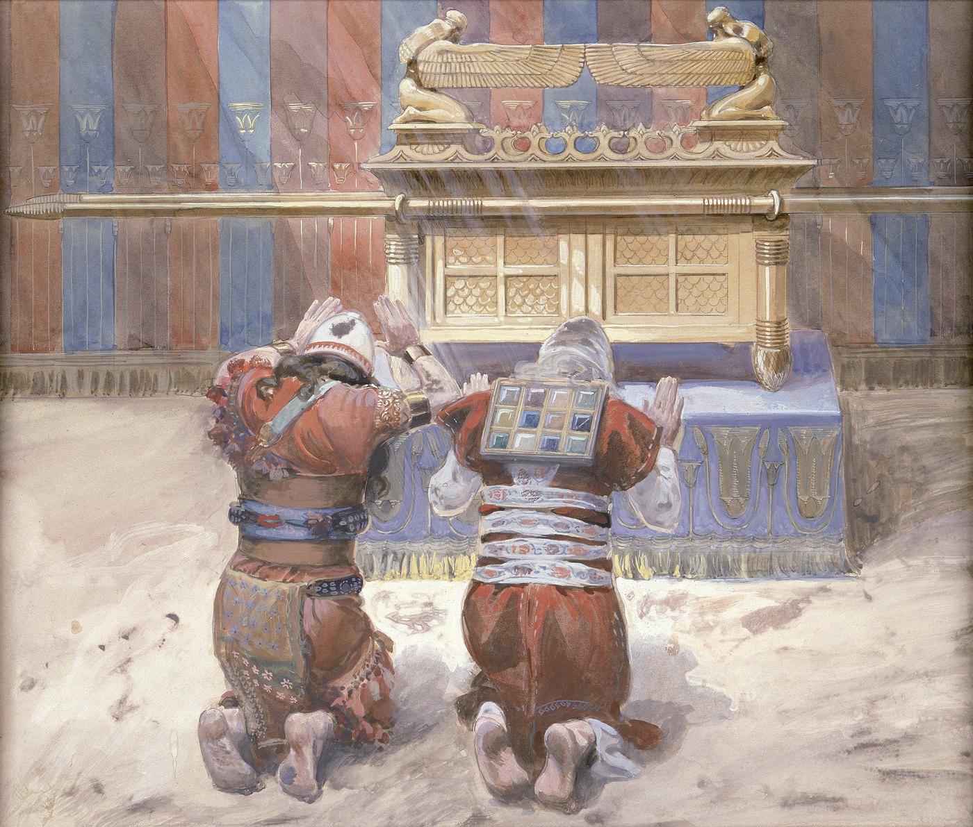 Moisés y Josué postrados ante el arca en el tabernáculo, acuarela de James Tissot