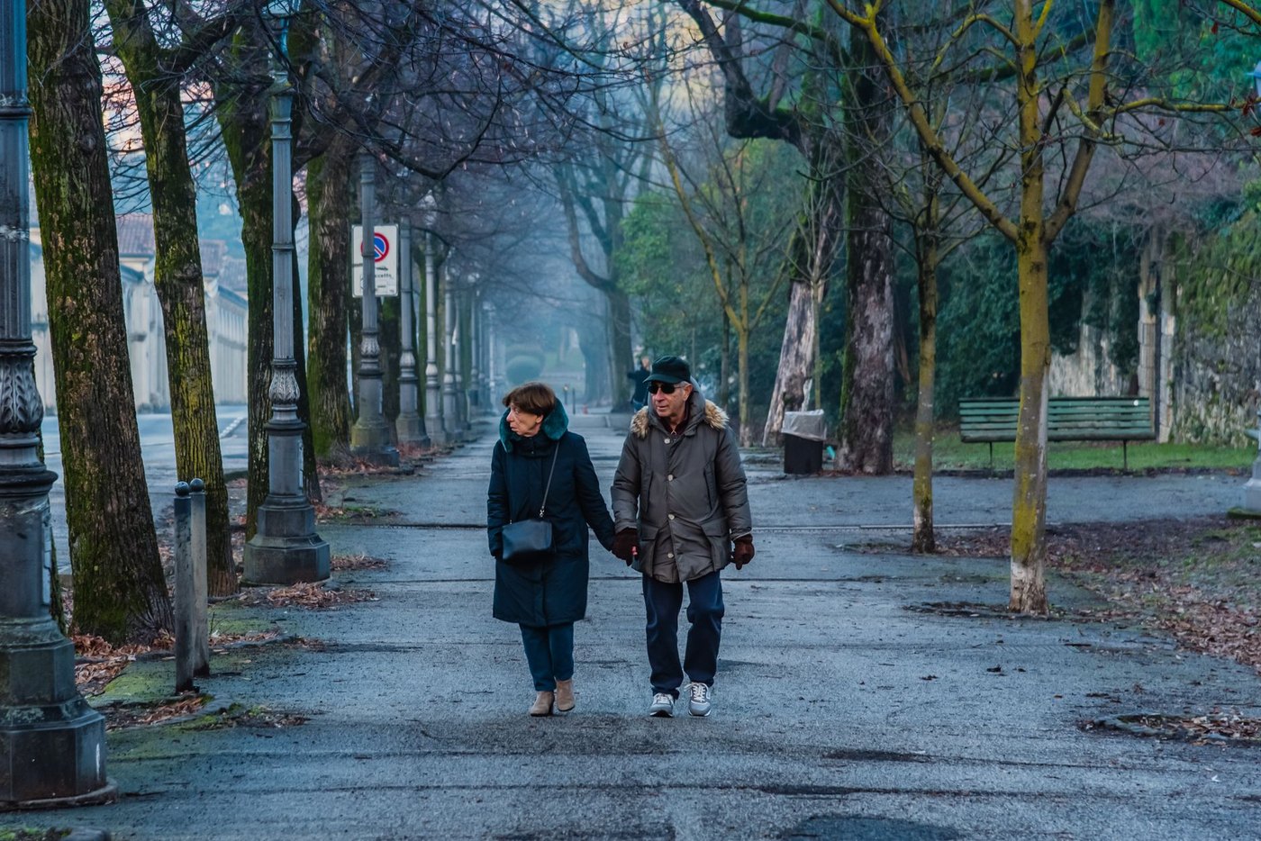 Pareja mayor paseando de la mano por una avenida arbolada