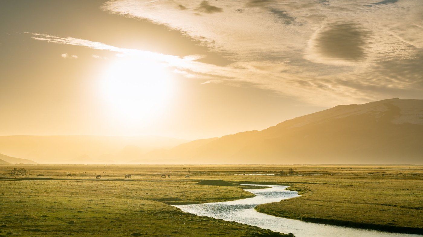 Llanura dorada atravesada por un río bajo la luz del sol