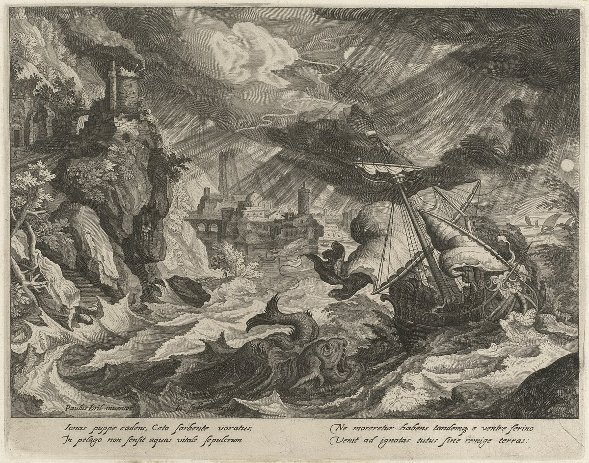 Jonás arrojado al mar en plena tempestad, grabado de Justus Sadeler según Paul Bril