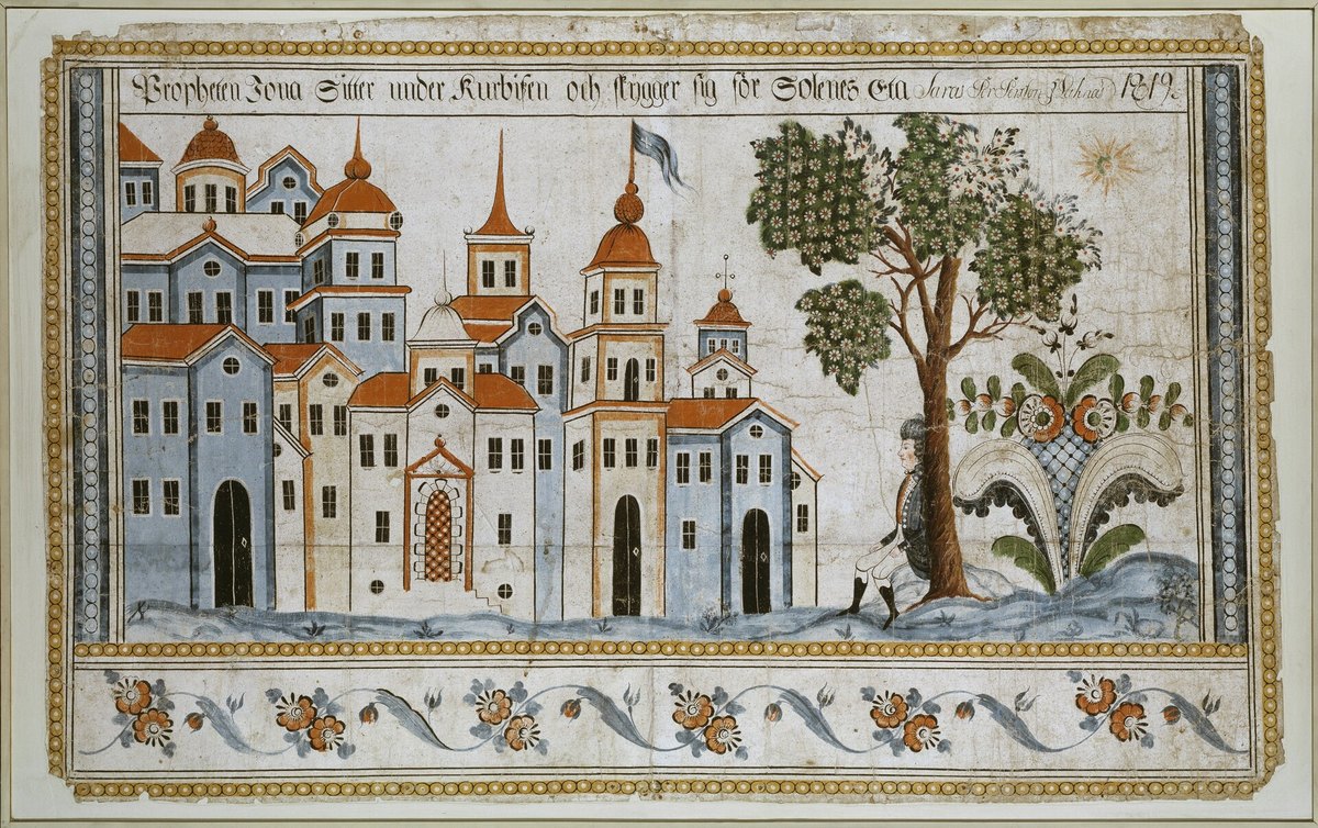 Jonás sentado bajo la calabacera frente a Nínive, pintura mural sueca de Per Persson
