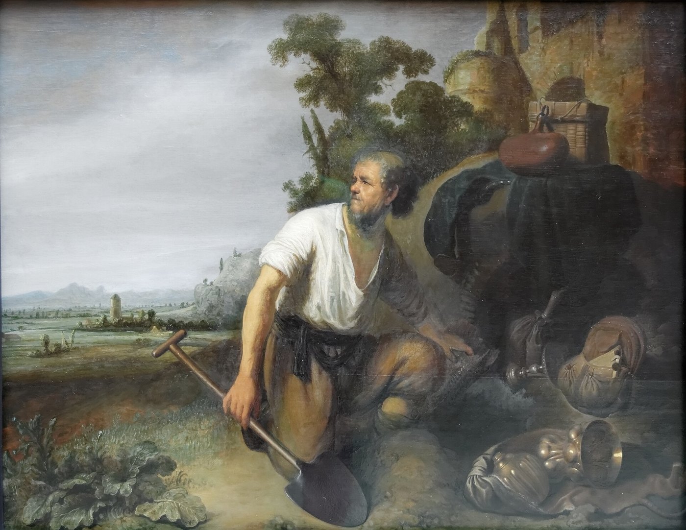 La parábola del tesoro escondido, pintura del círculo de Rembrandt