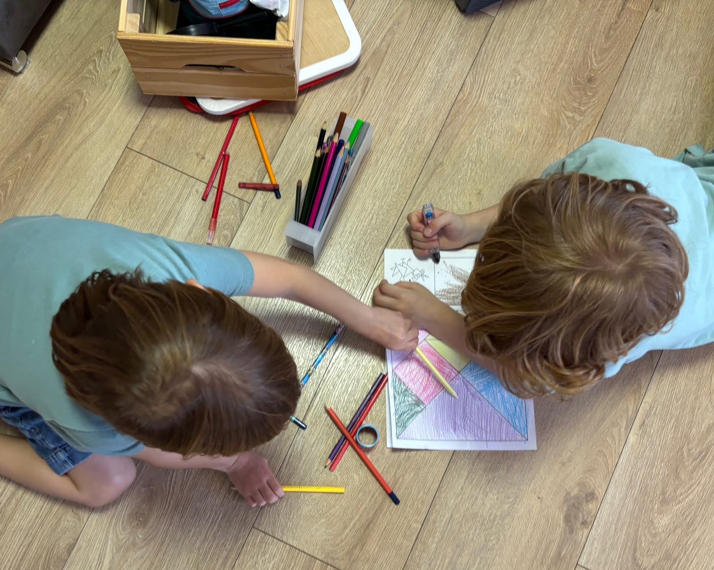 Dos niños colorean juntos las fichas del libro