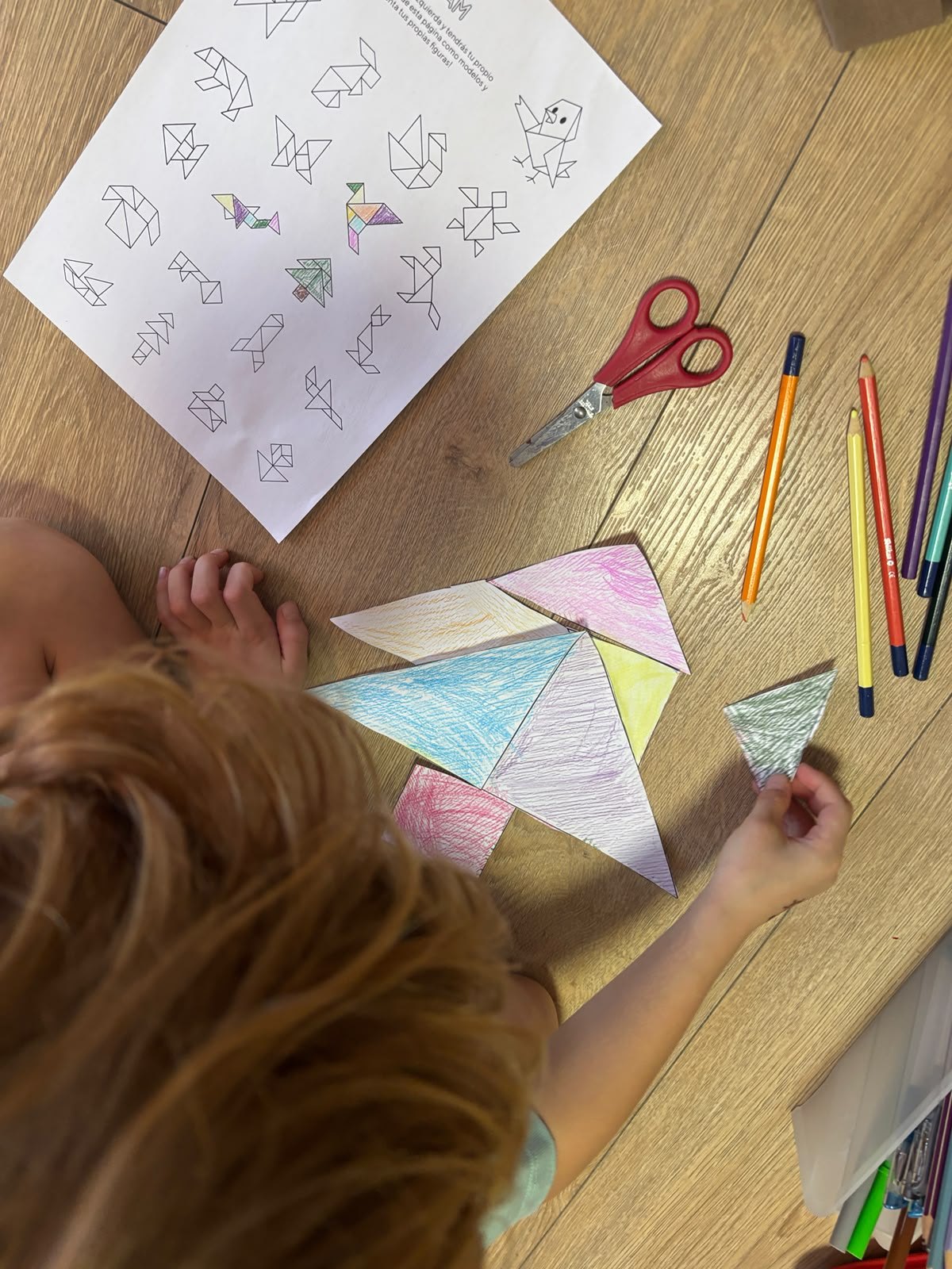 Niño con fichas de tangram y origami de Colocrea